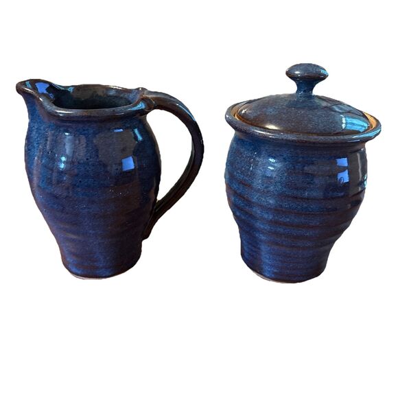 Vintage 1998 GREG NEAL Signed Studio Pottery Blue Creamer And Lidded Sugar Dish